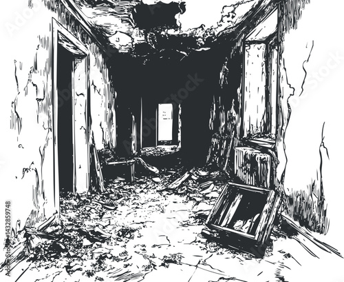 Black and white sketch of an abandoned, dilapidated hallway with debris and broken walls