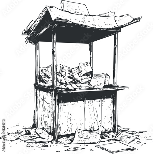 Black and white sketch of an old newspaper stand with scattered papers on and around it