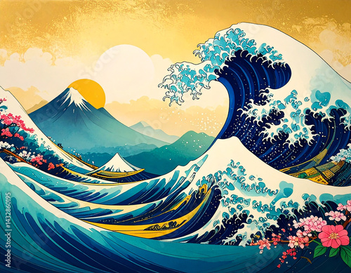 Bold Japanese Wave Composition Vibrant Seascape