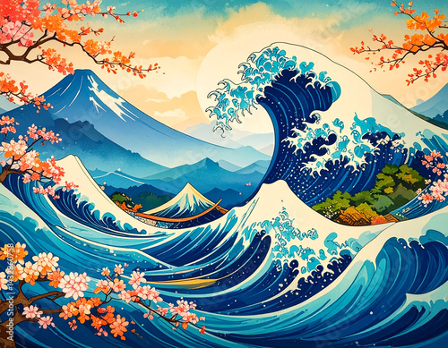 Abstract Ocean Power Sunset and Waves Fusion