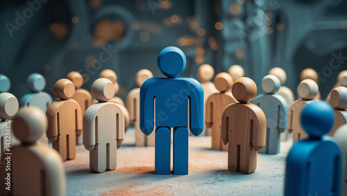 Blue figurine standing out from crowd of wooden ones symbolizing uniqueness