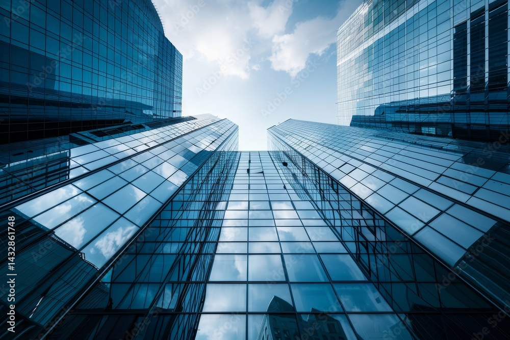 Fototapeta premium A low-angle view of modern skyscrapers with glass facades reflecting a bright blue sky, Modern skyscrapers with sleek glass facades