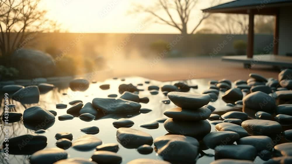 Minimalist Zen garden at dawn harmonious balance of nature and simplicity smooth stones tranquil water soft morning light 4K