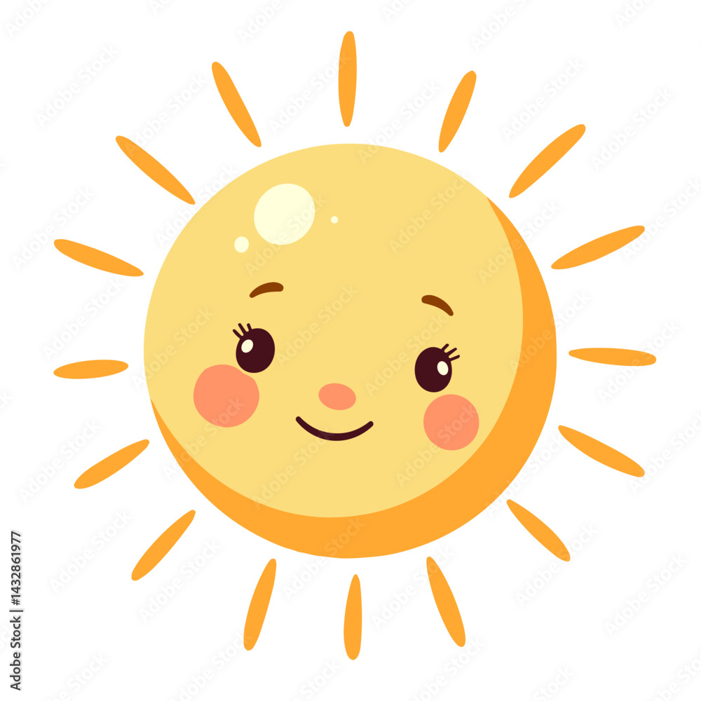 Cute smiling sun character with cheerful expression Cute smiling sun character with cheerful expression