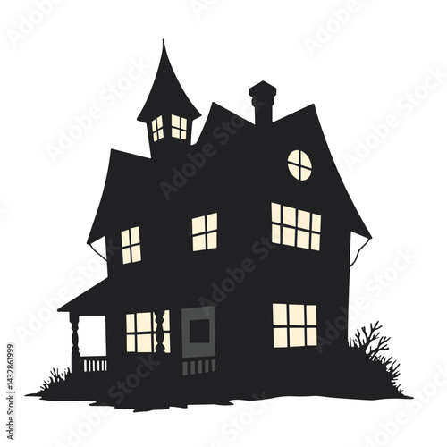 Haunted house silhouette with glowing windows against white background  