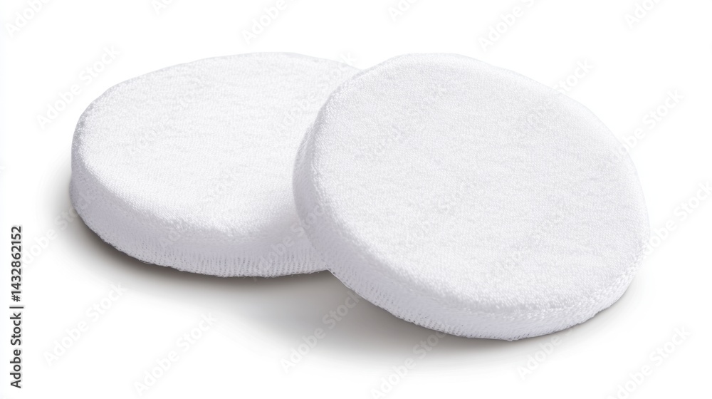 Two soft white facial cleansing pads on a white background in a studio shot for skincare and beauty routine showcasing cleanliness and hygiene Two soft white facial cleansing pads on a white background in a studio shot for skincare and beauty routine showcasing cleanliness and hygiene