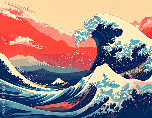 Fantasy Ocean Scene at Sunset Japanese Wave Influence