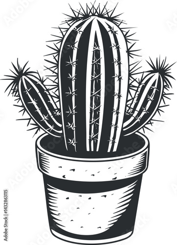 Black and white illustration of a potted cactus plant with multiple arms and sharp spikes