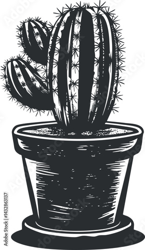 Black and white illustration of a spiky cactus plant in a pot with detailed line art