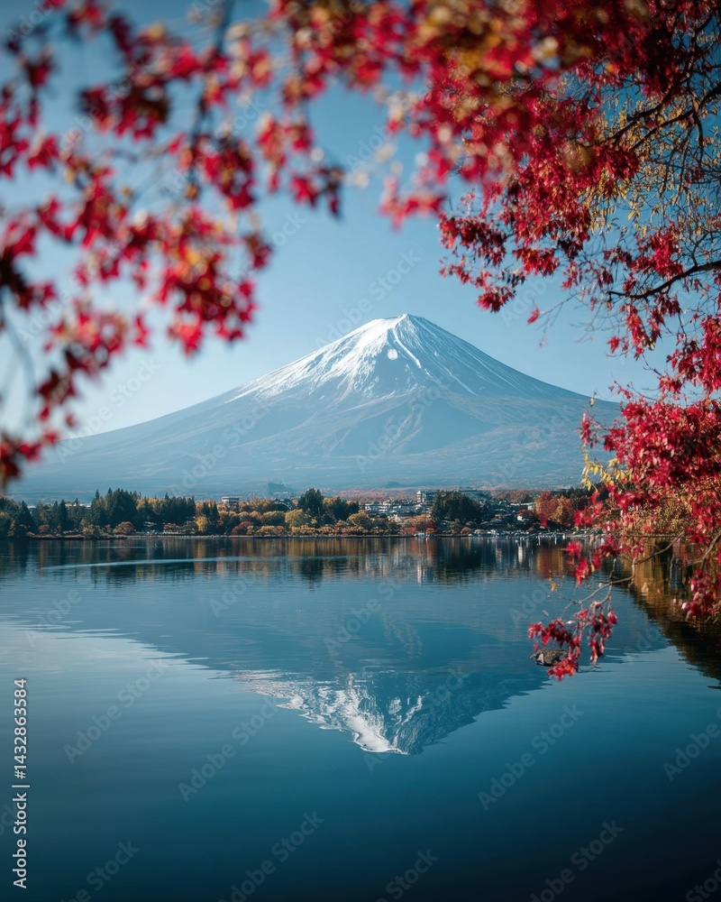 Serene mount fuji reflection in calm lake kawaguchiko waters framed by vibrant red maple leaves autumn scenery peaceful japanese landscape travel destination