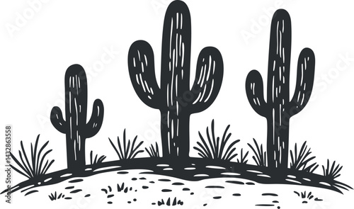 Black and white illustration of three cacti growing in a desert landscape with dry soil and sparse vegetation.