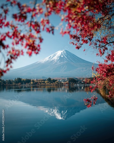 Obraz na płótnie Serene mount fuji reflection in calm lake kawaguchiko waters framed by vibrant red maple leaves autumn scenery peaceful japanese landscape travel destination w salonie