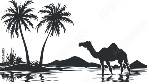 Black and white silhouette of a camel near an oasis with palm trees and distant hills in desert landscape
