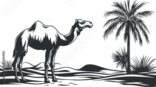 Black and white illustration of a camel standing in a desert landscape with sand dunes and palm trees in the background
