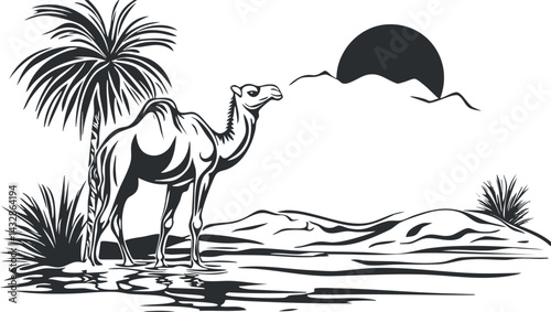 Black and white illustration of a camel standing near a desert oasis with palm trees and sun in the background