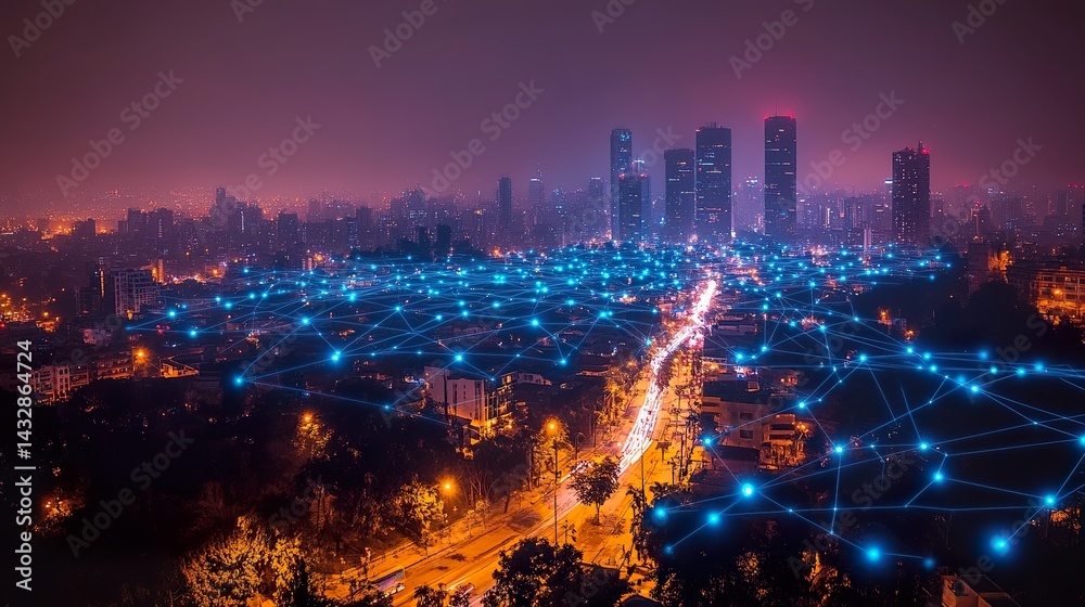 Obraz premium Wide-angle aerial night view of city skyline, featuring glowing blue network connections between buildings and roads. Dark sky with distant clouds, 