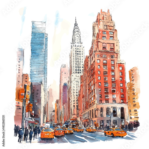 Bustling Financial District, watercolor vector, isolated on a white background.