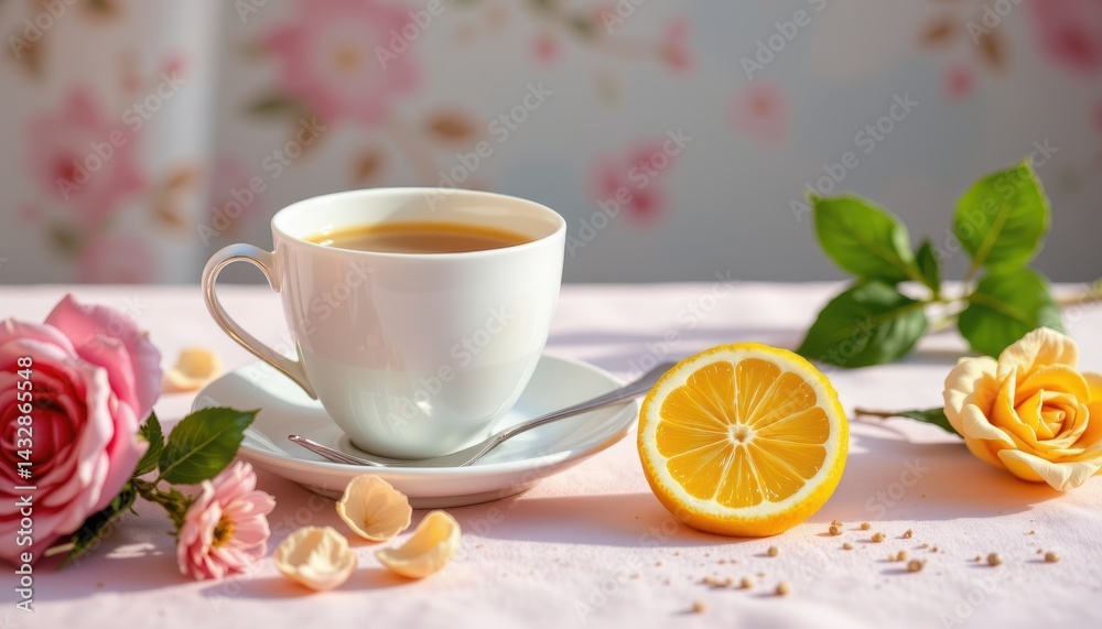 A glass teacup with lemon slice placed on the left, light pastel setting A glass teacup with lemon slice placed on the left, light pastel setting