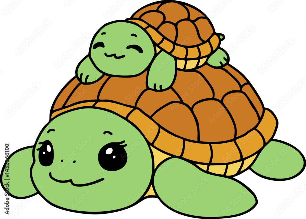 Obraz premium A joyful scene of a mother turtle and her baby enjoying their underwater world in a colorful cartoonish style.
