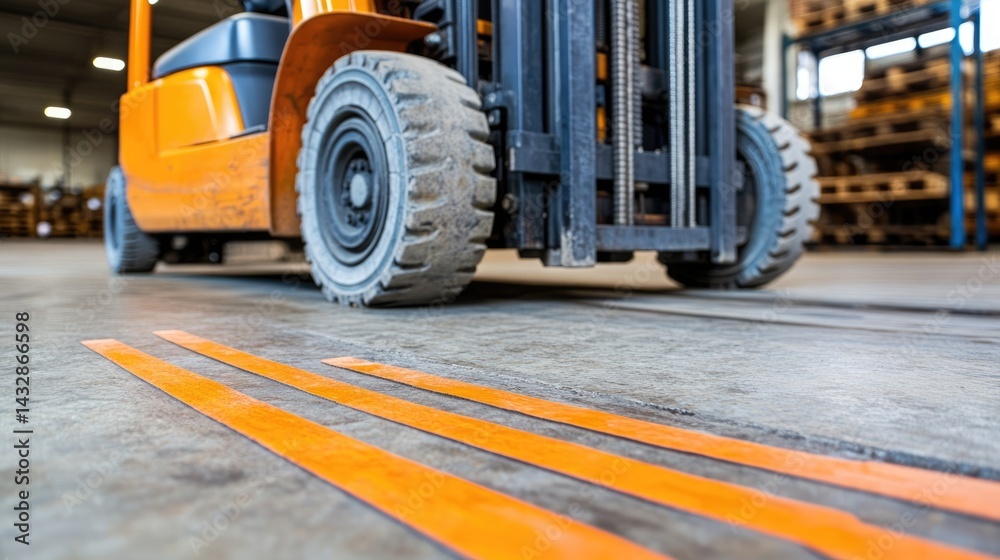 Naklejka premium Forklift parked in designated safety zone with wheel chocks