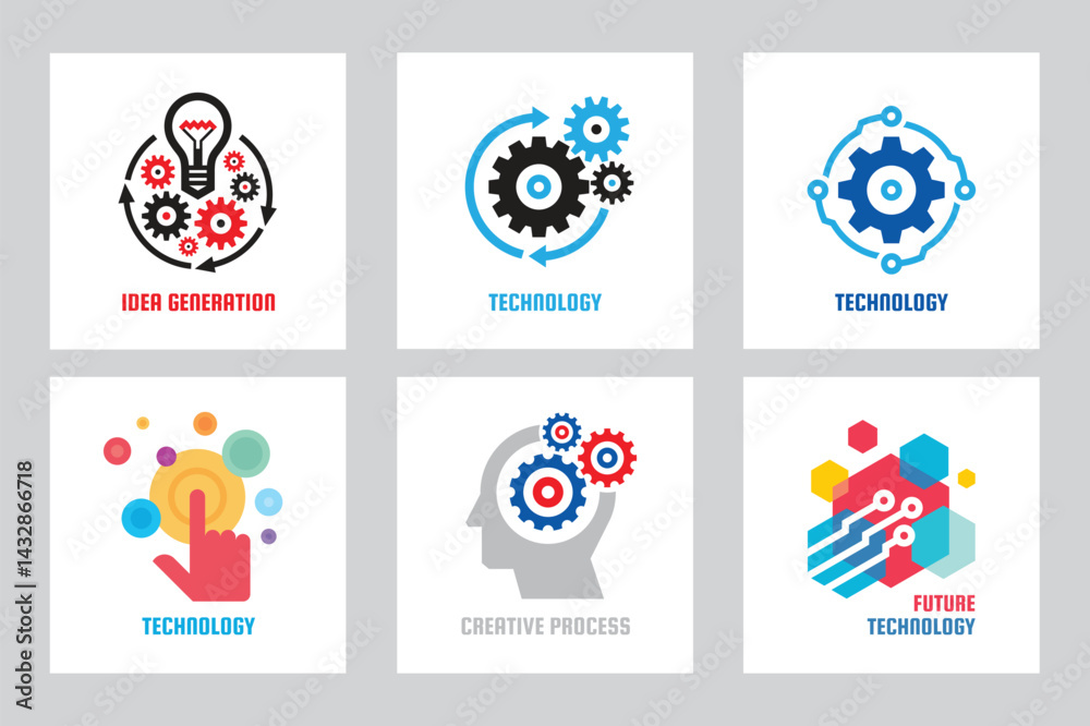 Technology gear concept business icons logo set template design. Cogwheel mechanic signs. Computer network SEO icons. Search engine optimization. Design elements. Vector illustration