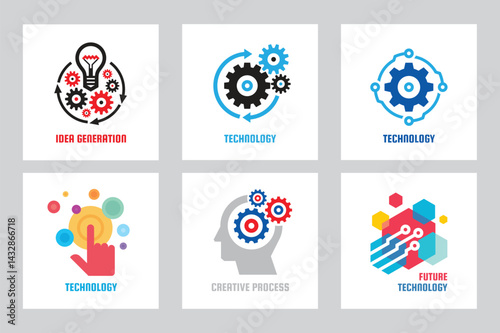 Obraz na płótnie Technology gear concept business icons logo set template design. Cogwheel mechanic signs. Computer network SEO icons. Search engine optimization. Design elements. Vector illustration w salonie
