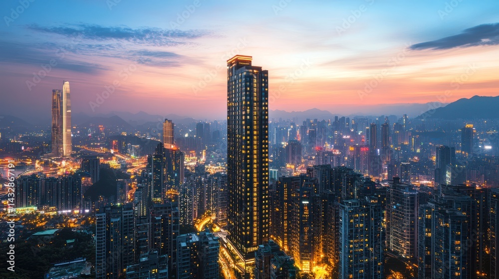 Obraz premium Cityscape sunset Hong Kong highrise buildings