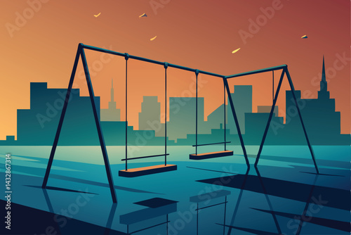 drenched playground with empty swings .eps
