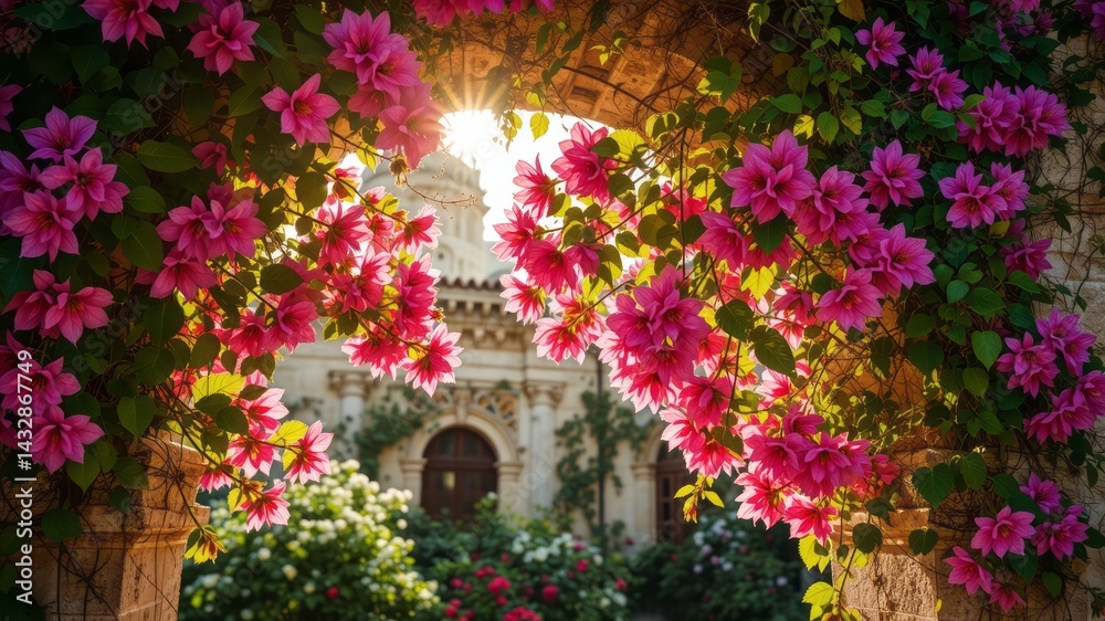 Fototapeta premium Vibrant Pink Flowers Framing Sunlit Archway in Serene Garden Setting