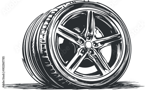 Black and white illustration of a car wheel with five-spoke alloy rim and tire isolated on white background