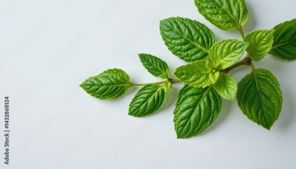 Fototapeta premium Fresh mint leaves aligned left on clean minimal surface