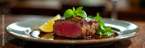 Elegant restaurant dish featuring prime marbled sirloin steak with herb garnish, dining, upscale