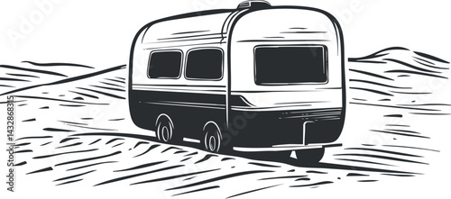 Black and white sketch of a vintage caravan trailer parked in a desert landscape for travel and adventure.