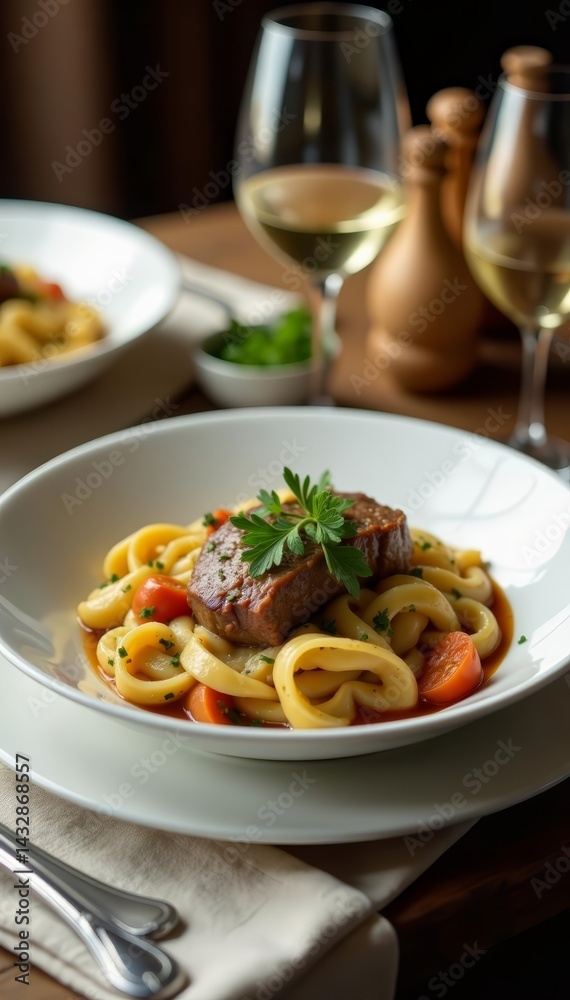 Elegant table setting with Russian beef stroganoff, herbs, and silver cutlery, Russian, silver cutlery Elegant table setting with Russian beef stroganoff, herbs, and silver cutlery, Russian, silver cutlery