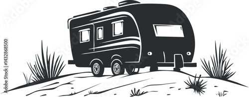 Black and white illustration of a caravan trailer parked on a sandy hill with desert bushes, ideal for travel and camping themes.