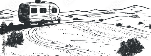 Black and white illustration of a camper trailer traveling on a desert road surrounded by bushes and distant mountains.