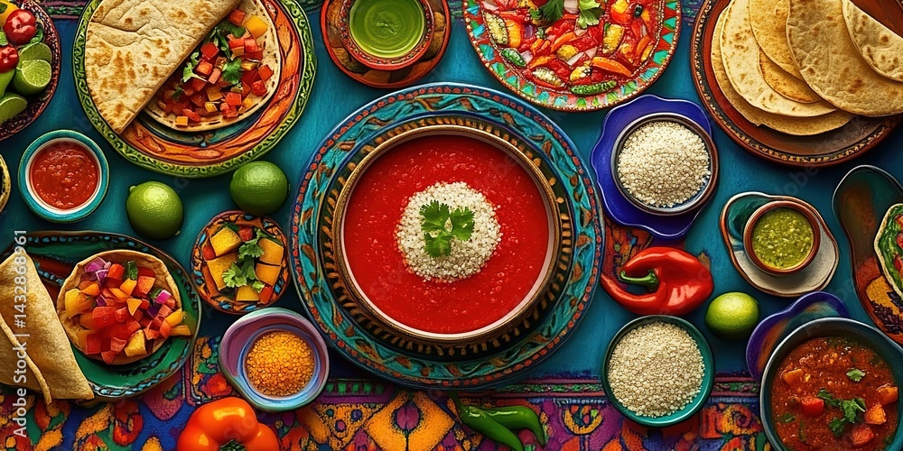 Top-view of Mexican food spread with salsa, tortillas, and vegetables. Top-view of Mexican food spread with salsa, tortillas, and vegetables.