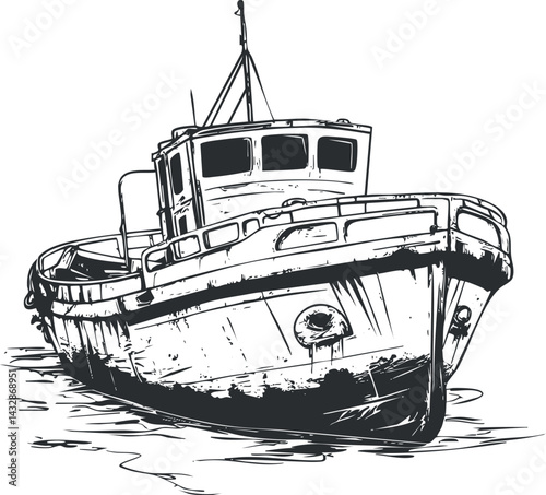 Black and white illustration of a boat on water with a detailed hull and cabin design