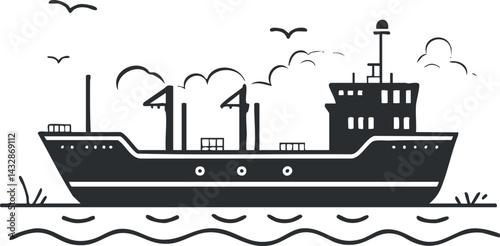 Black and white illustration of a cargo ship sailing on the water with birds flying overhead