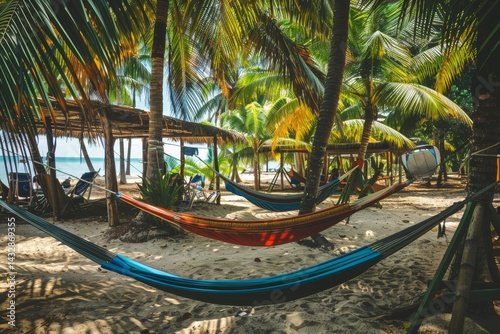 Relaxing hammocks hang under the shade of tall palm trees on a tropical beach, Swaying hammocks under the shade of palm trees