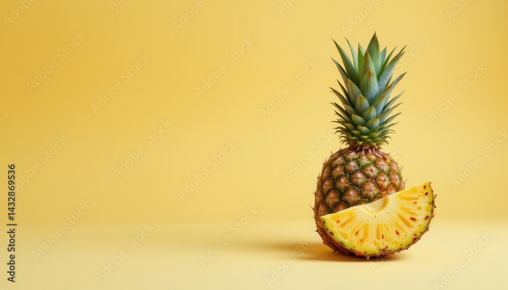 Pineapple wedge on right, soft yellow background Pineapple wedge on right, soft yellow background