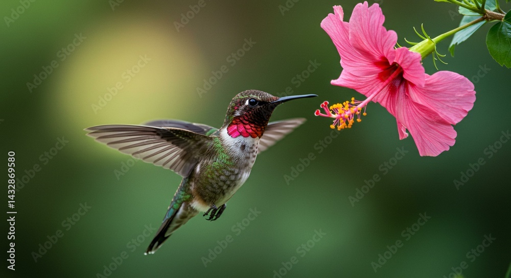 Fototapeta premium Hummingbird and Hibiscus: A Moment of Grace