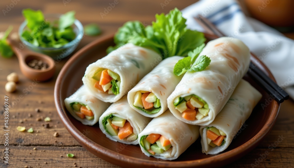 Rice paper rolls arranged left, Vietnamese minimalist style Rice paper rolls arranged left, Vietnamese minimalist style