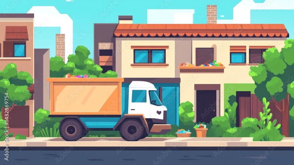 Obraz premium Residential garbage truck collecting waste at curbside