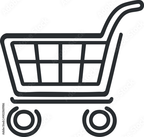 Black and white outline icon of a shopping cart used for groceries and retail purchases