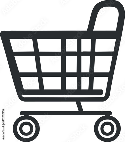 Black shopping cart icon representing retail purchase and consumer shopping with wheels and handle.
