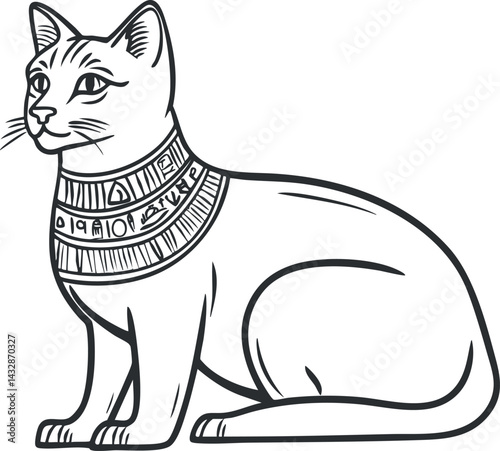 Line art illustration of an ancient Egyptian cat sitting adorned with a decorative collar featuring hieroglyphs.