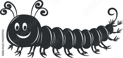 Cartoon style black centipede insect with smiling face and curly antenna on white background