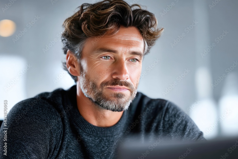 Obraz premium Thoughtful mature man focused on computer work.