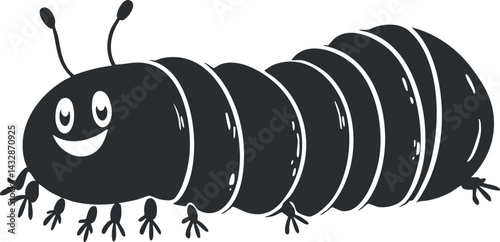 Black and white cartoon illustration of a smiling caterpillar insect with segmented body and antennae